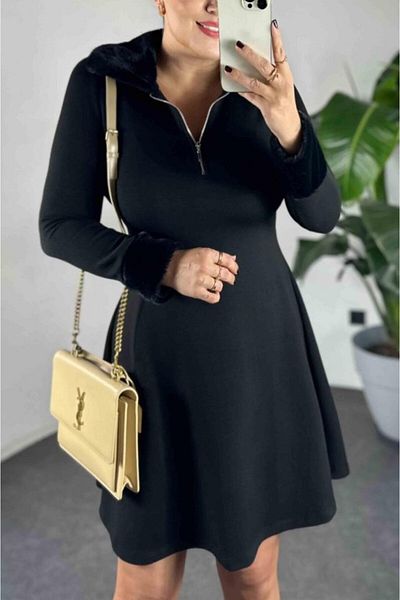 Viyamo Rochie de Crăciun mini neagră, cu decolteu și mâneci, cu fermoar