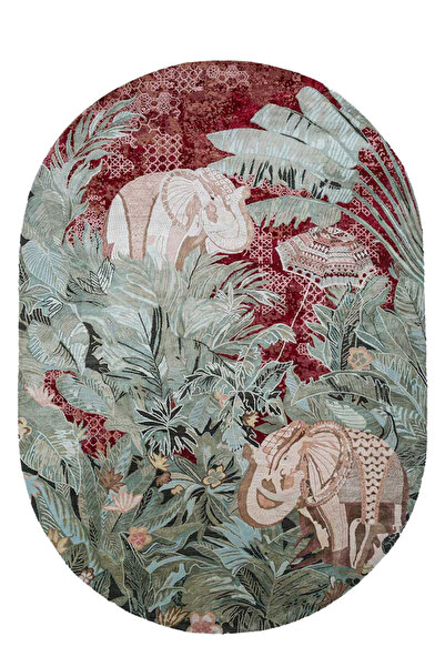 Rugs Modern Halı Berlin 1739 Oval Kırmızı Fil Figürlü Tropikal Tema Dokuma Ta...