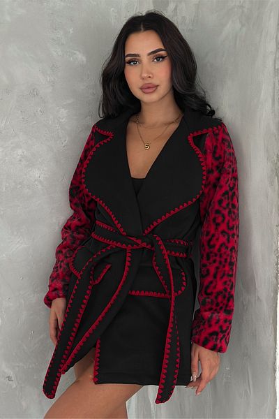 FEMELLE Palton de damă bordeaux cu imprimeu leopard, cu mâneci, cu centură de blană, broderie