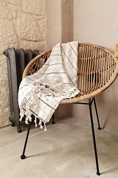 Barine Natural Black Boa Cotton Sofa Shawl - 130X180