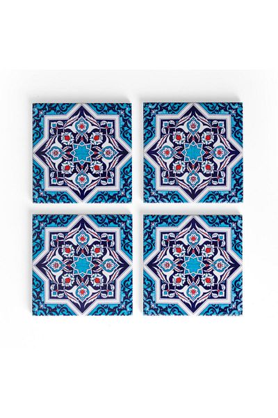 Anadolia قواعد أكواب سيراميك منقوشة من Iznik Tile مكونة من 4 قطع