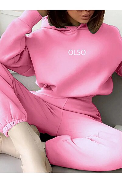 Trendseninle Kadın 3 Iplik Pembe Olso Baskılı Kapüşonlu Alt Üst Eşofman Takım