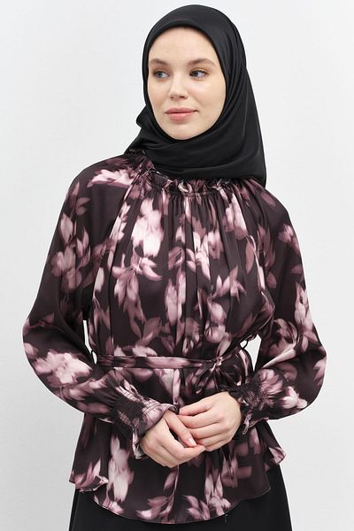 Tuğba Rubber Drawstring Detailed Patterned Blouse - Powder