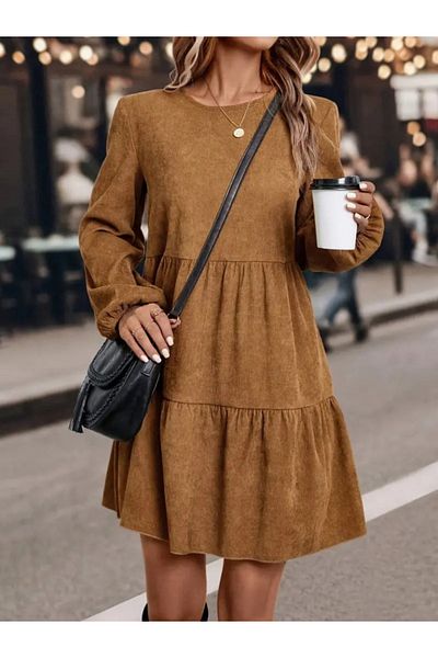 Trendusfashion Γυναικείο μακρυμάνικο μανίκι ελαστικό σουέτ φόρεμα μίνι