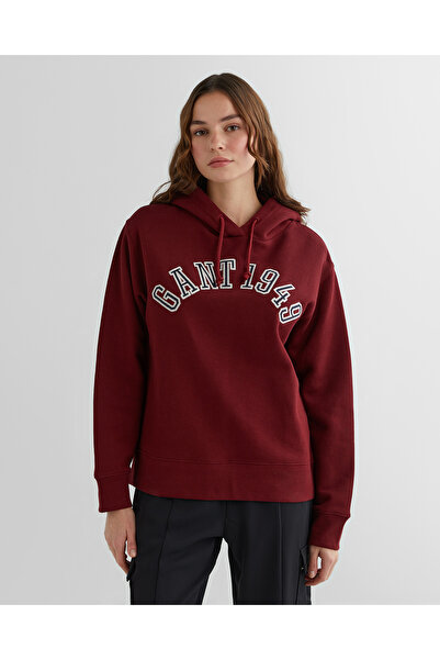 Gant Kadın Kırmızı Relaxed Fit Kapüşonlu Logolu Sweatshirt