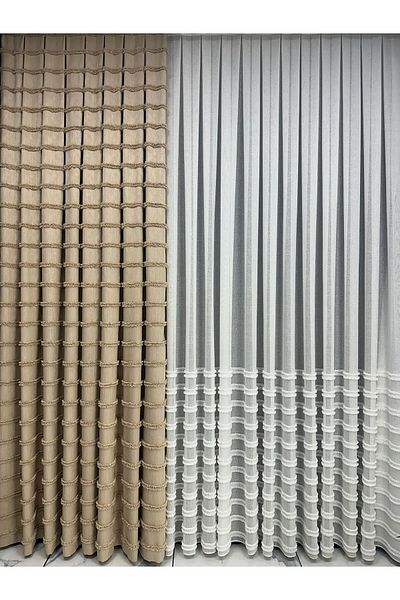 Erdoğanlar Koza 1/3 Close Pleat - Horizontal Fringe Fund Holder, Cotton Linen, Mink Background Curtain
