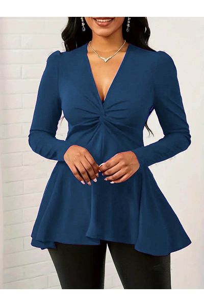 MRA Fashion Women's Long Sleeve V-Neck Crossed Detailed Imported Crepe Blouse