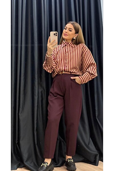 Flow Mürdüm Renk Arka Cep Detaylı Kemerli Pantolon