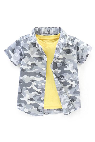 Babyhug Babyhug 100% Cotton Woven Half Sleeve Regular Collar Camo ed Shirt Half Sleeve T-Shirt-Grey & Yellow
