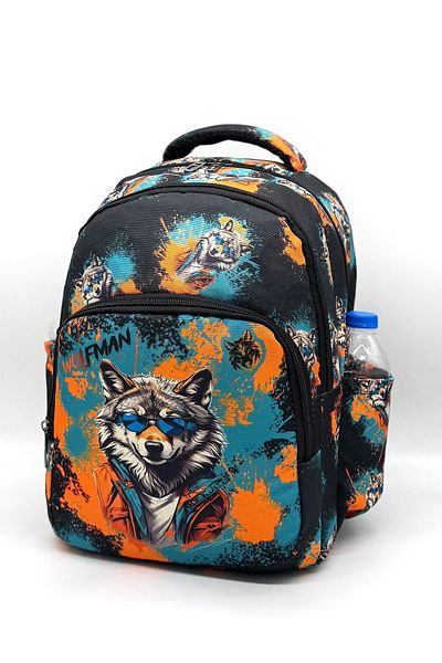 Bevitton Boy's Primary School Bag Wolf Printed Orthopedic Set of 3 Black Primary School Bag