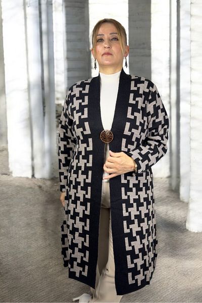 yagmurberen Geometric Patterned Broch Detailed Long Sleeve Shal Collar Large Size Knitting Cardigan