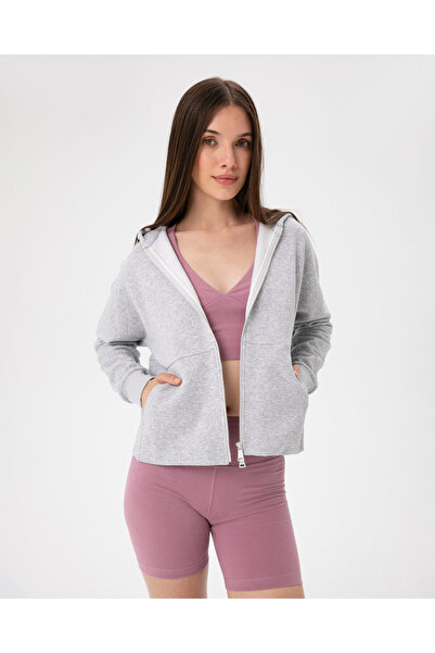 Ayma Active Gray Zippered Hooded Sweatshirt with Pocket
