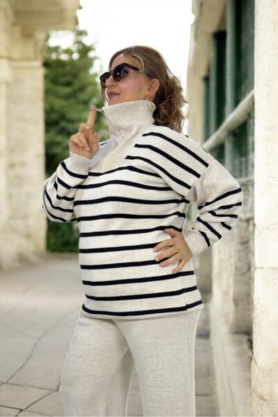 yagmurberen Front Half Zippered Striped Patterned 100% Acrylic Fabric Large Size Bottom Top Set