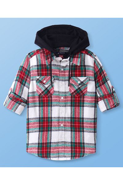Pine kids قميص Pine Kids المنسوج من القطن بأكمام طويلة وغطاء رأس ومزين بنقشة مربعات - متعدد الألوان