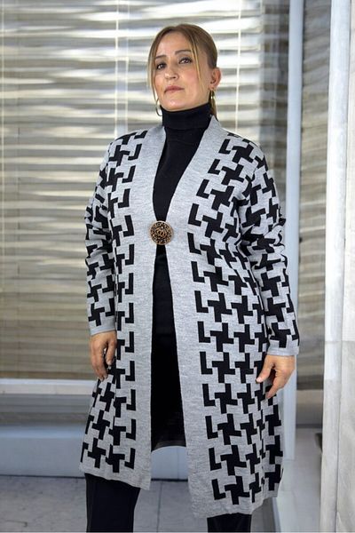 yagmurberen Geometric Patterned Broch Detailed Long Sleeve Shal Collar Large Size Knitting Cardigan