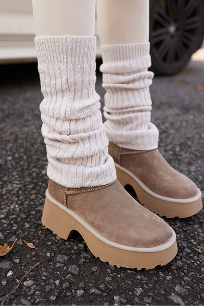 ANGELİNA JONES Jenifer Women's Beige Real Suede Thick Sole Boots with Fur Inside
