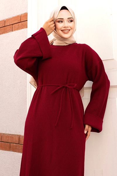 Tesettür Dünyası Rotes Strickkleid - Lange Ärmel, Taille mit Seilbindung TSD240708