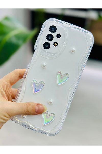 Go Aksesuar جراب سيليكون بتصميم قلب شفاف متوافق مع هاتف Samsung Galaxy A52 مع لعبة ثلاثية الأبعاد لؤلؤية