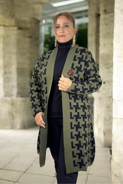 yagmurberen Geometric Patterned Broch Detailed Long Sleeve Shal Collar Large Size Knitting Cardigan