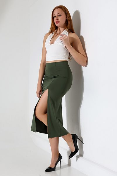 winmoda Lycra Midi Skirt for Women - Front Slit, Lycra Material