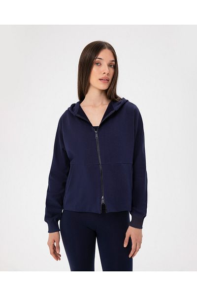 Ayma Active Navy Blue Zippered Hooded Sweatshirt with Pocket