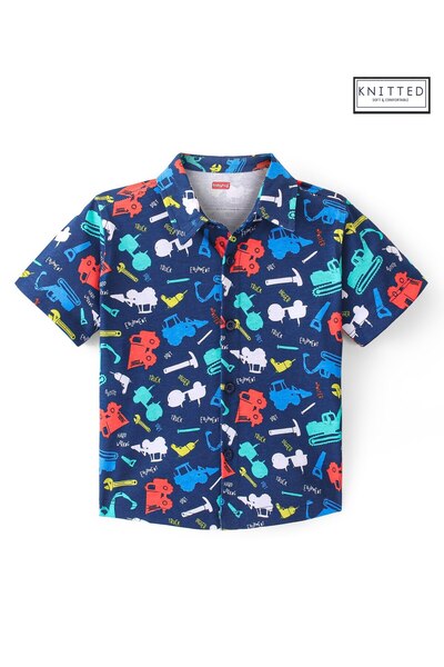 Babyhug Babyhug 100% Cotton Knit Half Sleeve Shirt With JCB Print - Navy Blue