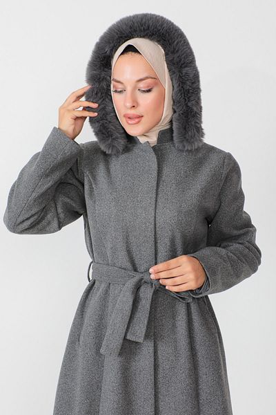 Tesettür Dünyası Kašmírový kabát na skrytý zip s páskem TSD230813 šedý