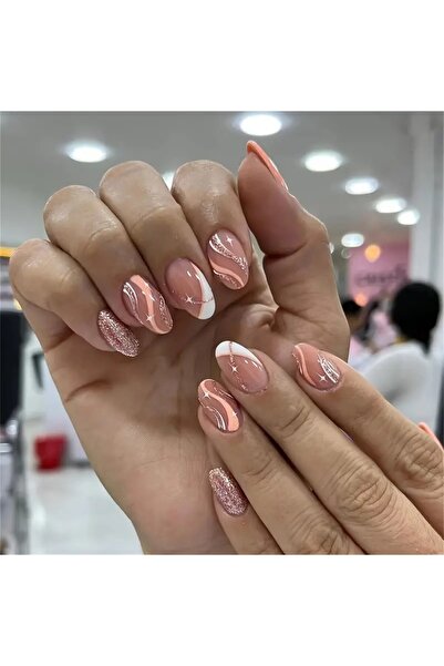 Rediquis 24 Adet Kısa Badem Şekilli Sim Çizgili Ve Çok Renkli Takma Tırnaklar