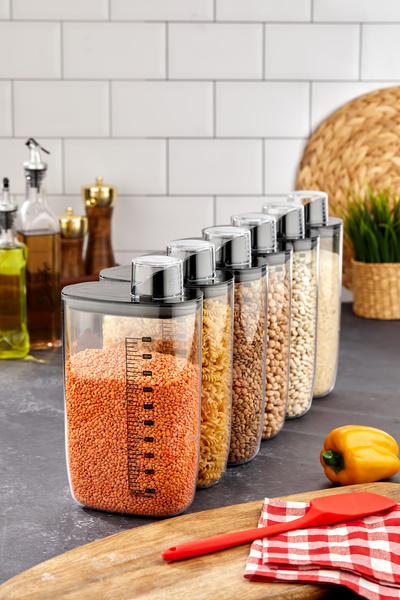 Poomy 6'Lı Vakumlu Hava Geçirmez Ölçekli Siyah Saklama Kabı Seti - 2000 ML Ölçü Kapaklı Bakliyat Kabı Seti