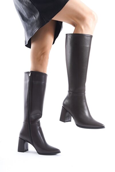 Modabuymus Γυναικείες μπότες με χοντρό τακούνι Bitter Brown - Calibri