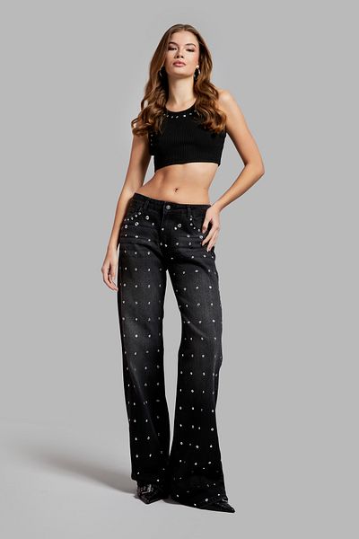 its basic Women's Dark Smoked Baggy Flared Fit Denim Trousers - T2W41