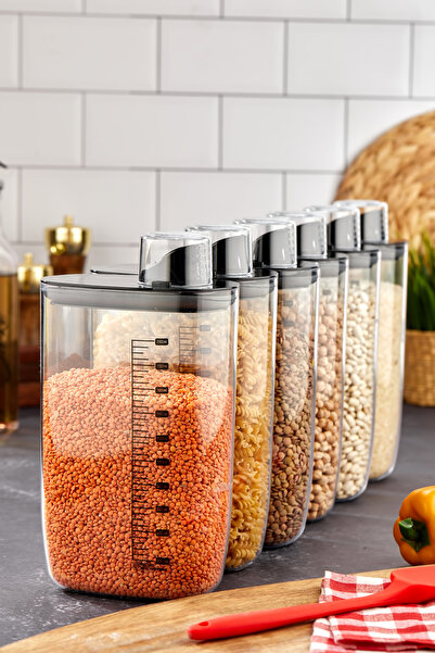 Poomy 6'Lı Vakumlu Hava Geçirmez Ölçekli Siyah Saklama Kabı Seti - 2000 ML Ölçü Kapaklı Bakliyat Kabı Seti