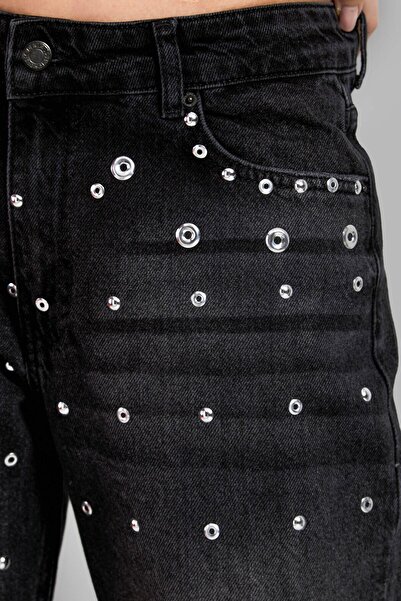 its basic Dámske tmavé údené nohavice Baggy Flared Fit Denim - T2W41