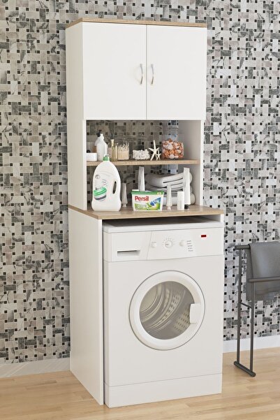 AEKA Ae-2042 Solo Çamaşır Makinesi Dolabı, Banyo Dolabı, 4 Raflı, Kapaklı, Beyaz Dolap