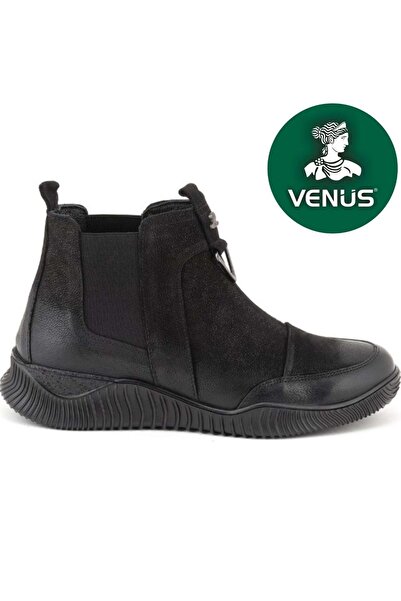 Venüs Digi Genuine Leather Flat Non-Slip Sole Orthopedic Women's Boots Black