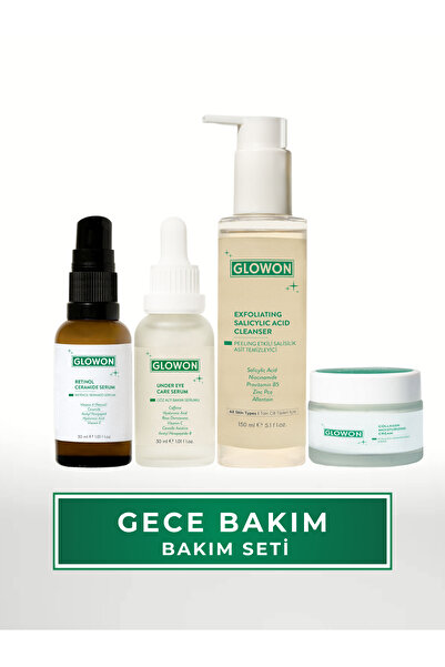 GLOWON Gece Bakım Seti 4’lü Set Retinol Serum, Göz Altı Serumu, Temizleme Jel...