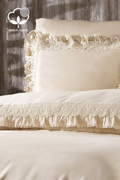 Nazik Home Helen Lace Organic Cotton Satin Double Duvet Cover Set