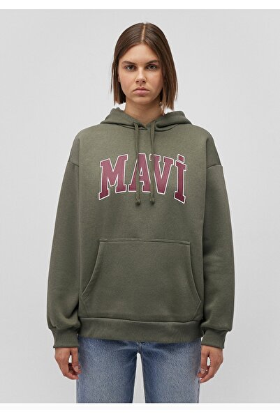 Mavi logo baskılı kapüşonlu haki oversize sweatshirt