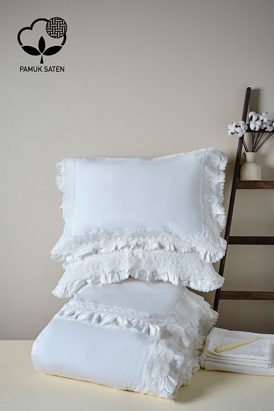Nazik Home طقم غطاء لحاف مزدوج من الساتان القطني العضوي من Helen Lace