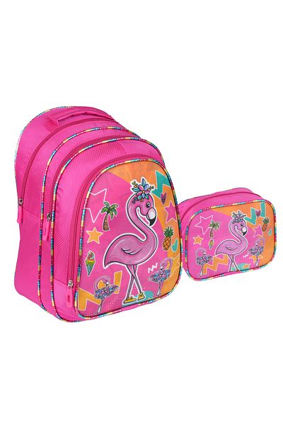Relaxion Τσάντα Δημοτικού Σχολείου με μοτίβο ροζ Flamingo με κουτί μεσημεριανού γεύματος 1311-4
