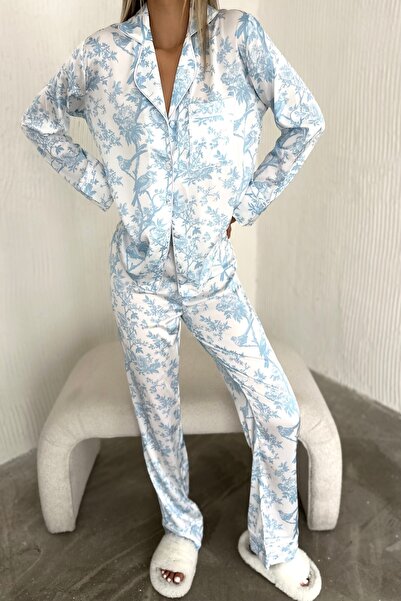 PijaLook Fluer Desenli Mavi Baskılı Saten Takım