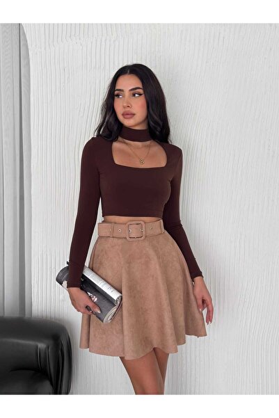 winmoda Suede Flared Skirt - Ζώνη Suede Skirt
