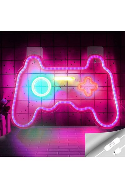 COOYA Game Neon Sign, Dimmable Gamepad Shape with Two Hooks, for Gamer Room, Kids Room Decor(Pink)