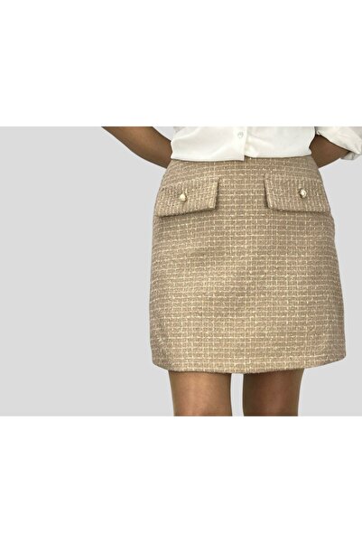 ABAS Simli Bej Tüvit Kumaş Mini Boy Önden Süs Kapak Cepli Düğmeli Astarlı Hafif Çan Etek