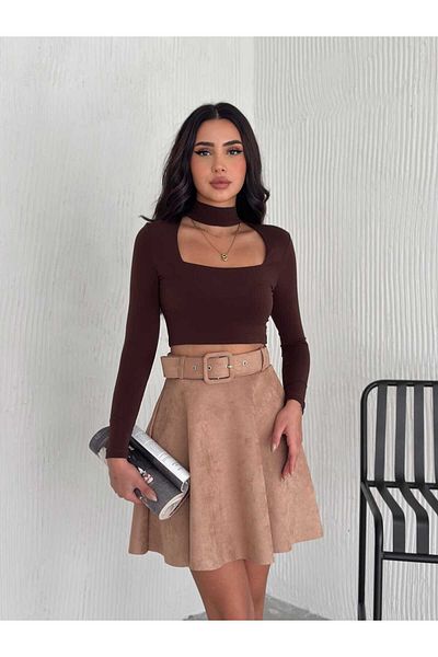 winmoda Fusta evazată din piele intoarsa - Fusta din piele intoarsa cu centura