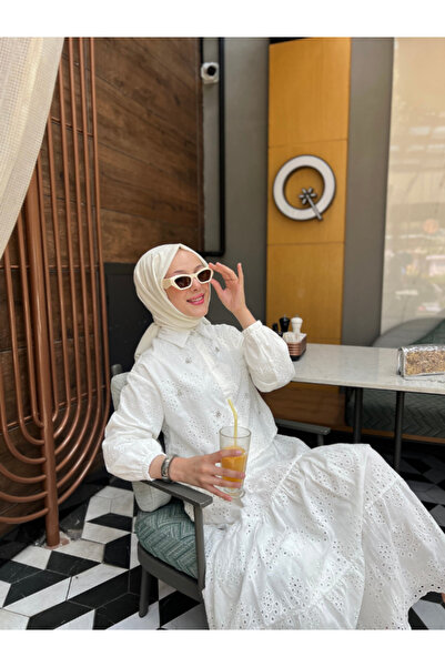 PİNK FLY Stone Detailed Floor-Length Scallop Hijab Set White