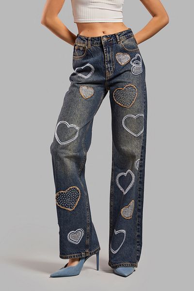 its basic Blugi Culoare Strălucitor - Detaliu Inimă Largi Denim Femei
