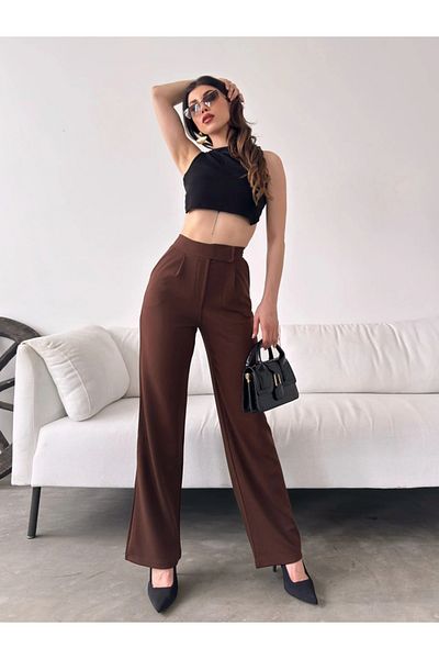 MFA FASHION Dark Brown High Waist Pleated Palazzo Trousers