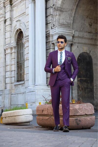 LONATOLİA Erkek Takım Elbise Kırlangıç Yaka İtalyan Stil Slim Fit Ceket Yelek Pantolon
