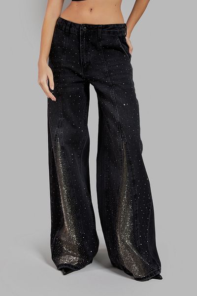 its basic Dunkel geräucherter Damen-Denim – Palazzo-Passform, glänzende Steindetails